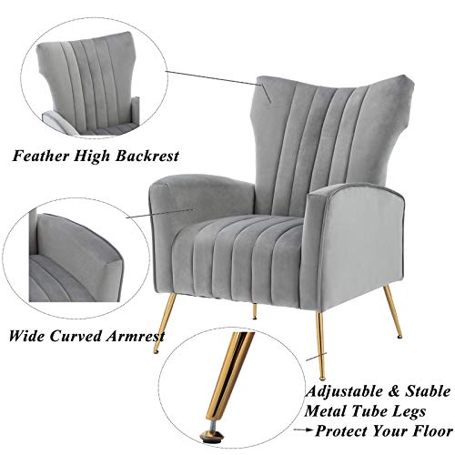 Curved Tufted Accent Chair with Metal Gold Legs Velvet Upholstered Arm Club Leisure Modern Chair for Living Room Bedroom Patio, Grey