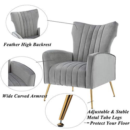 Curved Tufted Accent Chair with Metal Gold Legs Velvet Upholstered Arm Club Leisure Modern Chair for Living Room Bedroom Patio, Grey