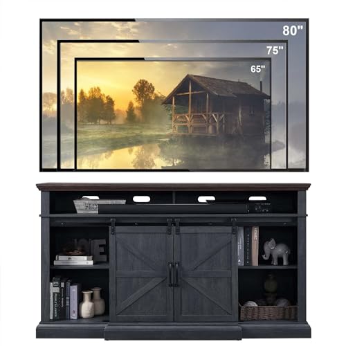 Farmhouse 80/75 inch TV Stand, 37.4" Tall Entertainment Center, Grey, view 4