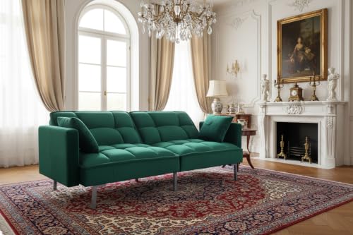 Regal 75.6" Velvet Convertible Sofa Bed - Mid-Century Sleeper Couch w/Tufted Design & Metal Legs - Pull-Out Futon for Guests/Home (75.6" W x 34.6" D x 32" H), Green