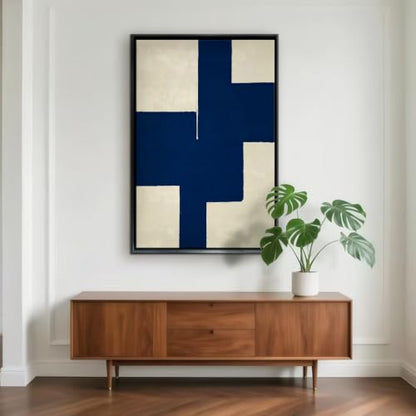 Navy Blue Geometric Block Abstract Wall Art Canvas Print, modern color field artwork in deep navy and ivory for home office, bedroom, office, apartment, modern farmhouse(16x24Inch,Gallery Wrapped）