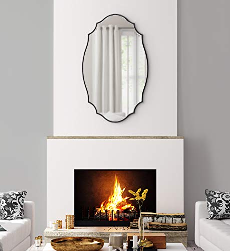 Leanna Glam Oval Mirror, 24 x 36, Black, Modern Scalloped Mirror for Wall