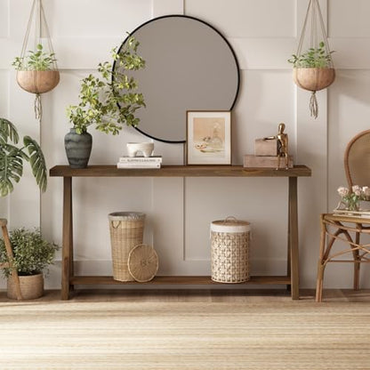 63" Solid Wood Farmhouse Console Table for Living Room, Natural | Rustic Hallway Stand for Entryway, 2-Tier Sofa Storage Unit
