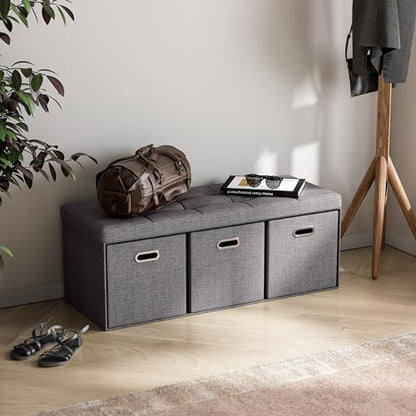 40 Inch Storage Ottoman with 3 Drawers, Tufted Linen, Dark Gray | Foldable Large Bench Design; Foot Rest Stool Seat; Ideal for Living Room, Bedroom or Entryway