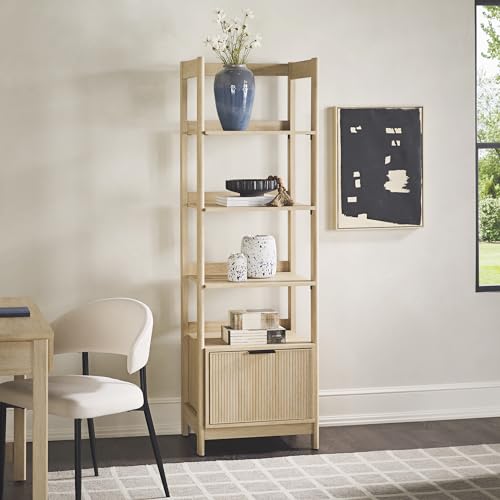 Transitional Reeded Narrow Open Bookshelf with Drawer on Bottom for Home Office, Living Room, Bedroom, 4-Shelf Bookcase with Bottom Storage, 22”W x 16.75”D x 70”H, Coastal Oak