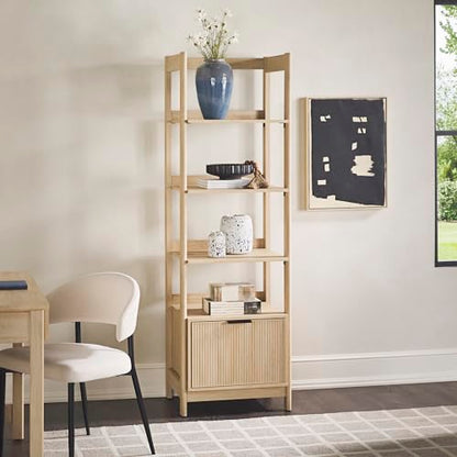 Transitional Reeded Narrow Open Bookshelf with Drawer on Bottom for Home Office, Living Room, Bedroom, 4-Shelf Bookcase with Bottom Storage, 22”W x 16.75”D x 70”H, Coastal Oak