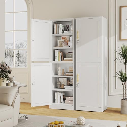 67" Metal Storage Cabinet with Lock, Tall Narrow Office File Cabinets with 2 Doors & 4 Adjustable Shelves, Metal Steel Locker for Home, School, Office, Garage or Gym (White)