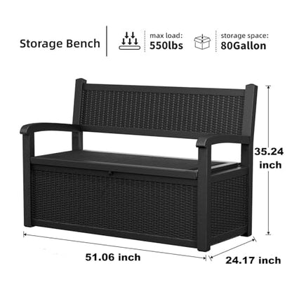 80 Gallon Outdoor Storage Bench, Lockable All-Weather Resin Seating with Hidden Storage Deck Box, Waterproof Patio Furniture for Pool Garden (Black)