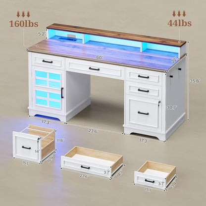 60'' Farmhouse Executive Desk with Drawers, Home Office Desk with Power Outlet & LED Light, Wood Computer Desk with Monitor Stand, Locking File Drawer, Glass Storage Cabinet, Hooks, White