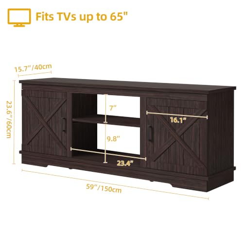 Espresso TV Stand, 2 Barn Doors & Open Shelves, Fits 65" TVs, view 3