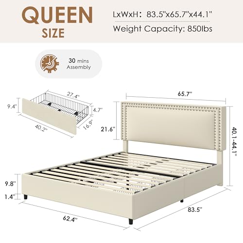 Queen Size Upholstered Bed Frame with 4 Storage Drawers, view 4