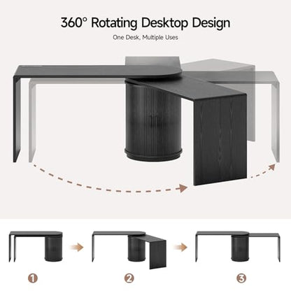 60 Inch L Shaped Desks with Power Outlets,360° Rotating Swivel Corner Desk with Storge, Fluted Computer Table for Home Office,Workstation,Study Room,Black