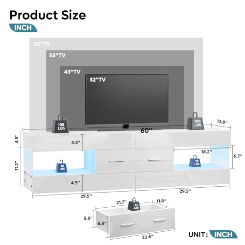 60 Inch White Modern TV Stand, LED Entertainment Center Console, view 4