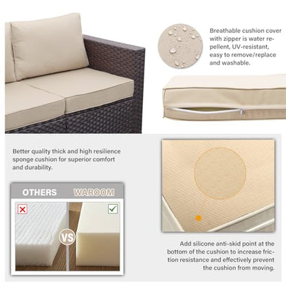 Patio Furniture Set 4 Piece Conversation Sets Brown Rattan Outdoor Couch Loveseat Wicker Sectional Sofa with Storage Box Glass Top Table, Khaki Cushion