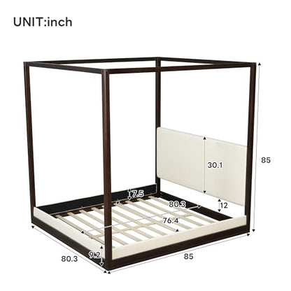 Modern King Canopy Bed Frame with Upholstered Headboard, view 3