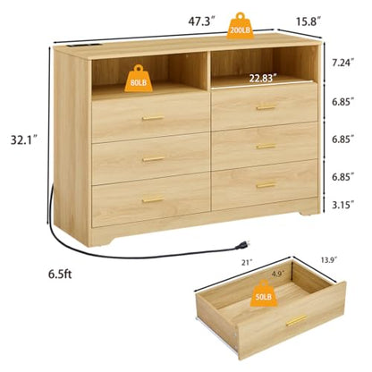 Natural Oak Dresser for Bedroom, Wood Dresser with 6 Drawers, Modern Minimalist Dressers & Chest of Drawers with Charging Station & LED Lights, 48 Inches TV Stand for Bedroom, Living Room