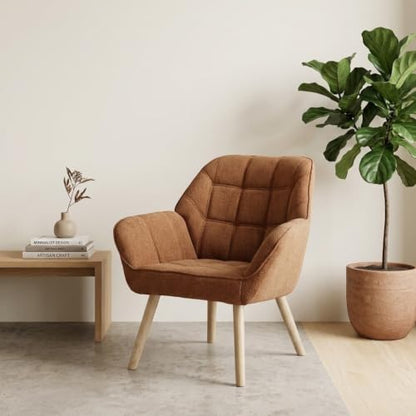 Modern Accent Chair with Solid Wood Legs, Upholstered Comfy Armchair for Living Room, Bedroom, Reading Nook, Cozy Fabric Single Sofa (Brown, A)