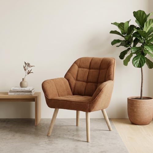 Modern Accent Chair with Solid Wood Legs, Upholstered Comfy Armchair for Living Room, Bedroom, Reading Nook, Cozy Fabric Single Sofa (Brown, A)