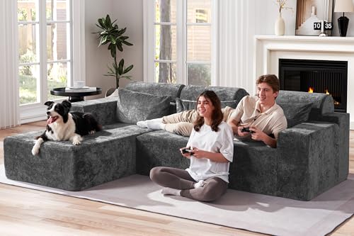 Modular Sectional Couches for Living Room,105" Cloud Couch with L-Shape Chaise,Comfy Sofa Living Room Couch with Deep Seat,No Assembly L Couch,Luxury Distressed Velvet(Grey,L)