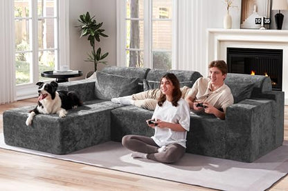 Modular Sectional Couches for Living Room,105" Cloud Couch with L-Shape Chaise,Comfy Sofa Living Room Couch with Deep Seat,No Assembly L Couch,Luxury Distressed Velvet(Grey,L)