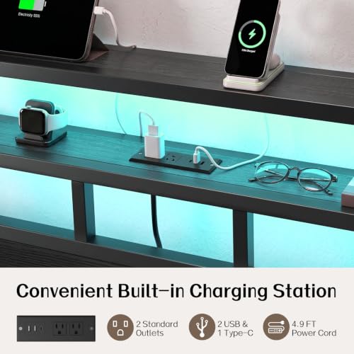King Size Bed Frame with Charging Station and LED, view 4