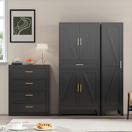 71" Tall Metal Storage Cabinet with 4 Doors and 4 Adjustable Shelves, 6-Tier Farmhouse Storage Cabinet with Drawers and Legs, for Office, Home, Garage, Gym, School, Living Room, Hallway（Black）