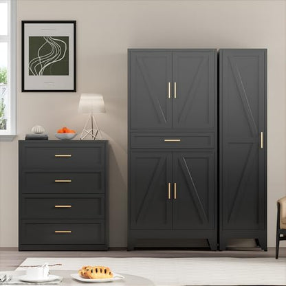 71" Tall Metal Storage Cabinet with 4 Doors and 4 Adjustable Shelves, 6-Tier Farmhouse Storage Cabinet with Drawers and Legs, for Office, Home, Garage, Gym, School, Living Room, Hallway（Black）