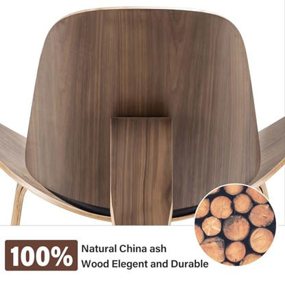 Furgle Mid Century Modern Shell Lounge Chair, PU Leather, Tripod Plywood Classic Design Solid Wood Accent Chairs for Living Room, Reading, Lounge, Office, Salon(Walnut)