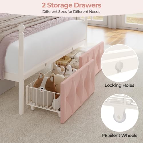 Queen Size Upholstered LED Canopy Bed Frame with 2 Drawers and & Charging, view 7