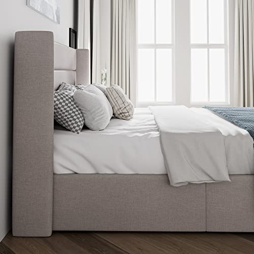 Queen Size Lift Up Hydraulic Storage Bed Frame Light Beige, view 7
