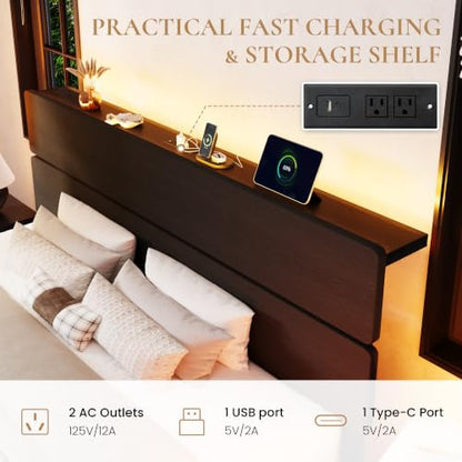 King Led Bed Frame, 2 Storage Drawers, Charging Station, Black, view 6
