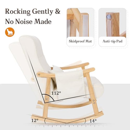 Upholstered Rocking Chair with Ottoman, Modern Indoor Nursery Glider Rocker Chair, Solid Wood High Back Armchair with Fabric Padded Seat for Living Room Bedroom