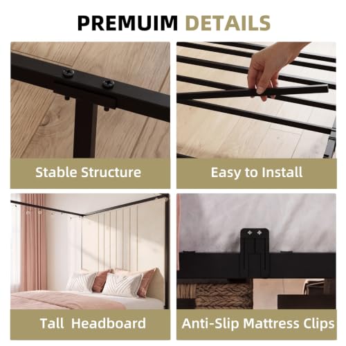 Queen Canopy Bed with Tall Headboard, Charging Station & LED Light (Black), view 7