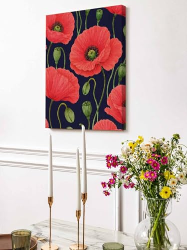 NuYeBiofx Red Poppy Farmhouse Floral Canvas Wall Art Prints,30"x20" Framed Picture Artwork Blossom Floral on Black Printed Canvas Oil Painting for Living Room Bedroom Office,Ready to Hang