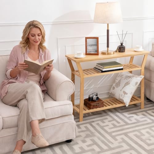 Bamboo Console Table, 38.6" Entryway Table with Storage, Display Table, Narrow Sofa Table for Entryway, Living Room, Foyer