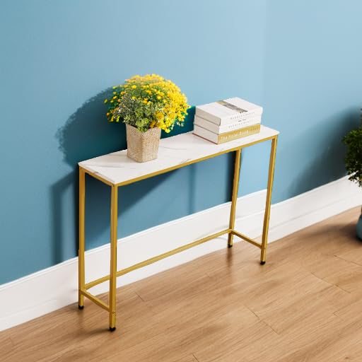 Small Console Table for Entryway, Faux Marble MDF Sofa Table with Golden Frame, Single Layer, White Marble, 9.45" D x 38.19" W x 30" H