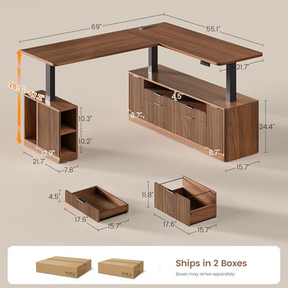Fluted L Shaped Executive Electric Standing Desk with 4 Drawers, view 3