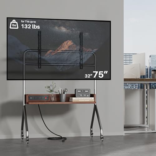 Rolling TV Stand with Power Outlet & Wooden Shelf, view 8