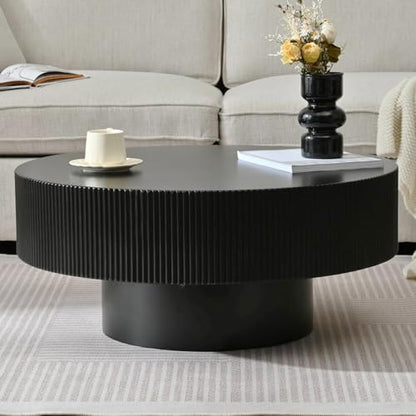 30.9” Black Fluted Drum Table-Round Wood Coffee Table | Low Profile Circle Accent Table for Small Space, Living Room
