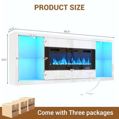 94" Fireplace TV Stand with 50" Fireplace&Power Outlet,White High Gloss, view 3