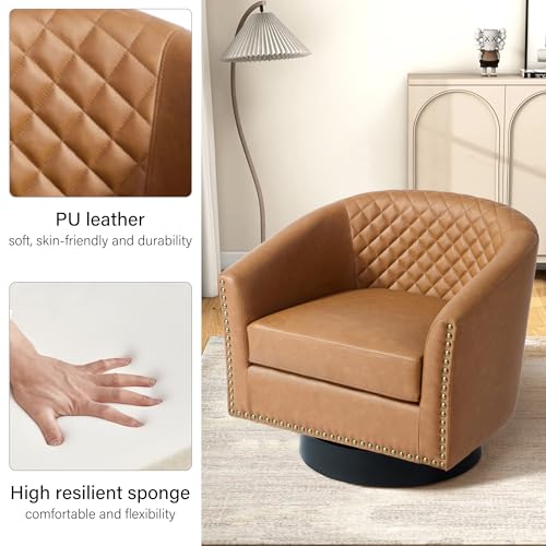 Swivel Barrel Accent Chair, Comfy Modern Upholstered Round Faux Leather Arm Chair for Living Room, Bedroom（Coffee, Set of 2