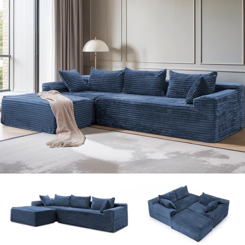 108" L-Shaped Modular Sectional Sofa with Chaise, Boneless Comfy Corduroy Fluffy Couch with Deep Seat and Side Pockets, Flexible Module Combination for Living Room, No Assembly, Side Pockets