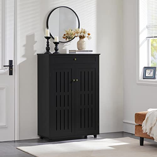 Yaheetech Storage Cabinet Floor Storage Organizer Wooden Cabinet with Drawer 2 Doors for Entryway Living Room Furniture Black