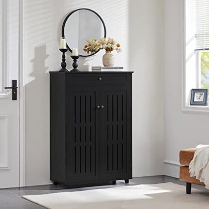 Yaheetech Storage Cabinet Floor Storage Organizer Wooden Cabinet with Drawer 2 Doors for Entryway Living Room Furniture Black