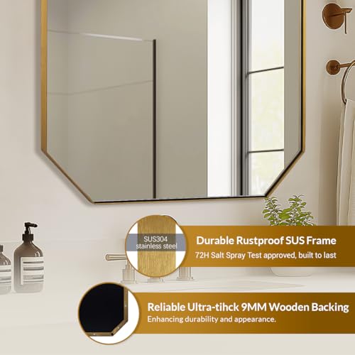 Gold Octagon Bathroom Mirror, 24x36 Inch Stainless Steel Metal Frame, Anti-Rust, Shatterproof HD Glass, Wall Mounted for Bathroom, Bedroom, Living Room