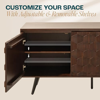 Sideboard Georgina Solid Wood 2 Doors & 3 Drawers, 61'' Mid Century Modern Cabinet with Geometric Pattern for Kitchen, Dining, Living Room