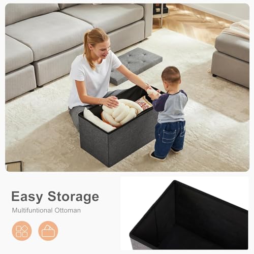 30in Foldable Storage Ottoman Bench, End of Bed Foot Rest Stools Ottoman Storage Chest with Padded Seat for Bedroom, Living Room, Holds up to 660 lb, Modern Grey