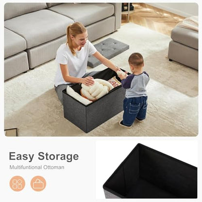 30in Foldable Storage Ottoman Bench, End of Bed Foot Rest Stools Ottoman Storage Chest with Padded Seat for Bedroom, Living Room, Holds up to 660 lb, Modern Grey