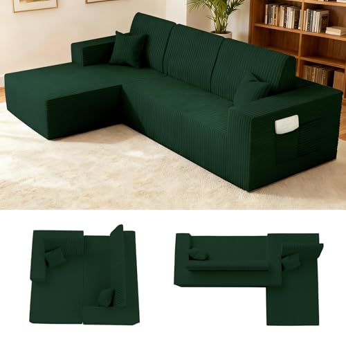 110" Boneless Couch, Cloud Modular Sectional Sofa with L-Shape Chaise, Modern Upholstered Couches for Living Room Bedroom No Assembly Required (Green, 110" Left Facing Chaise+2 Seaters)