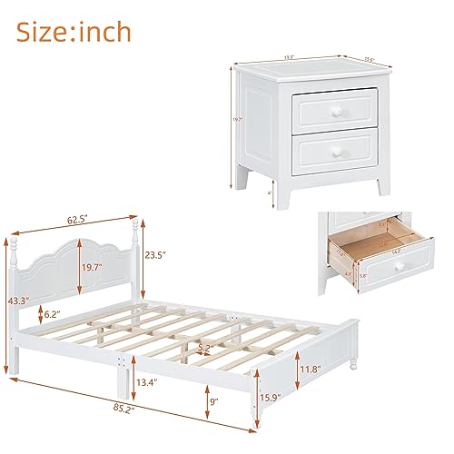 Bedroom Set Furniture, 3-Pieces Bedroom Sets, Queen Size Wood Platform Bed and 2 Nightstands, White